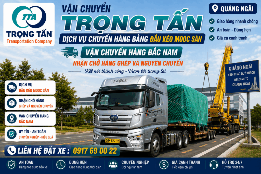 Xe đầu kéo mooc sàn nhận vận chuyển máy móc, kết cấu thép, thiết bị công trình, hàng quá khổ và hàng dự án từ Tây Ninh đi Quảng Ngãi an toàn. cho-thue-xe-dau-keo-mooc-san-tay-ninh-di-quang-ngai