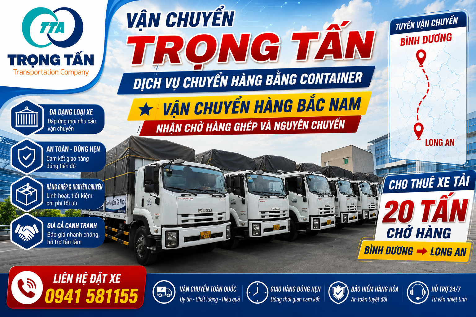 Cho thuê xe tải có bửng hông chở hàng Bình Dương đi Long An, tải trọng lớn, bốc dỡ nhanh chóng, an toàn, giá cước hợp lý, phục vụ đa dạng loại hàng hóa công nghiệp. Cho-thue-xe-tai-20-tan-cho-hang-Binh-Duong-di-Long-An