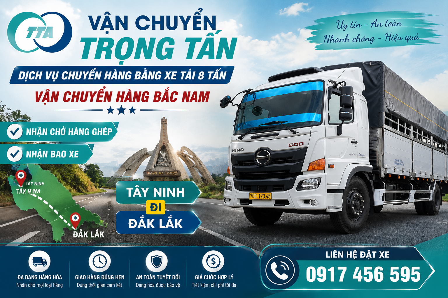 Xe tải 8 tấn nhận chở hàng từ Tây Ninh đi Đắk Lắk, hỗ trợ hàng ghép và nguyên chuyến, giao tận nơi đến kho hàng, công trình, cửa hàng và nhà máy. cho-thue-xe-tai-8-tan-cho-hang-tay-ninh-di-dak-lak