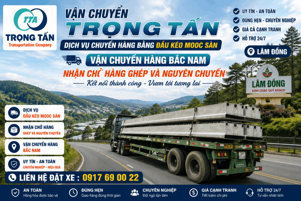 Dịch vụ cho thuê xe đầu kéo mooc sàn Tây Ninh đi Lâm Đồng, chuyên vận chuyển máy móc, thiết bị, sắt thép và hàng công trình đường dài. cho-thue-xe-dau-keo-mooc-san-tay-ninh-di-lam-dong