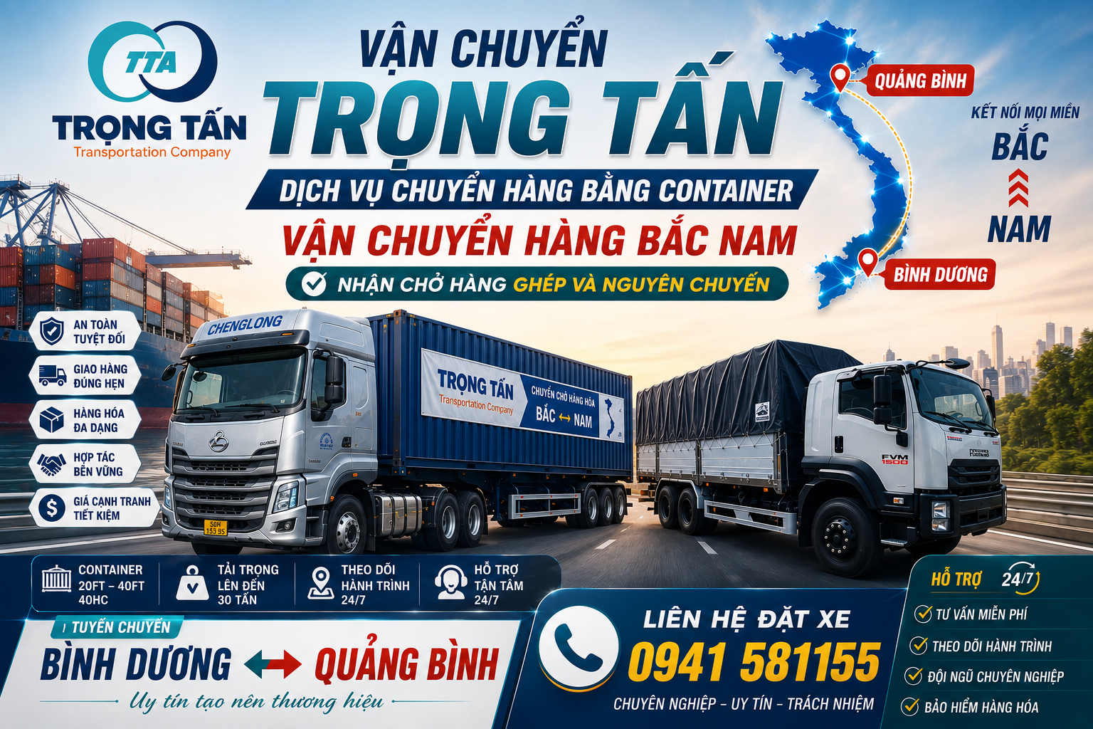 Xe đầu kéo container chở hàng Bình Dương đi Quảng Trị, đội xe đời mới, tài xế thông thạo tuyến đường miền Trung, giao hàng đúng lịch trình, đảm bảo an toàn tuyệt đối cho hàng hóa doanh nghiệp. Cho-thue-xe-dau-keo-container-cho-hang-Binh-Duong-di-Quang-Binh