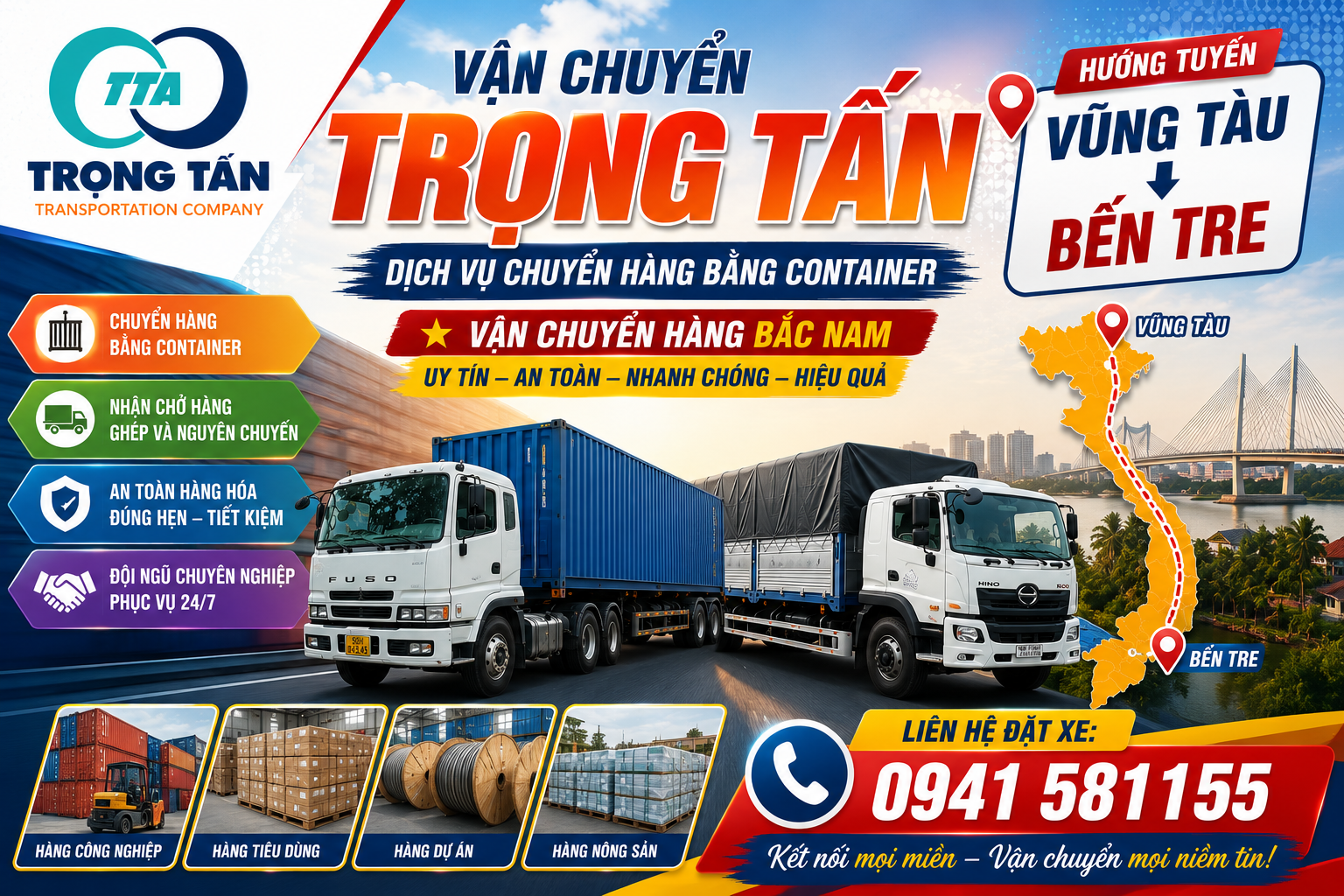 Cho thuê xe đầu kéo container 20 feet và 40 feet chở hàng tuyến Vũng Tàu đi Bến Tre, xe đời mới chất lượng cao, tài xế kinh nghiệm, đảm bảo an toàn tuyệt đối cho hàng hóa. Cho-thue-xe-dau-keo-container-cho-hang-Vung-Tau-Ben-Tre