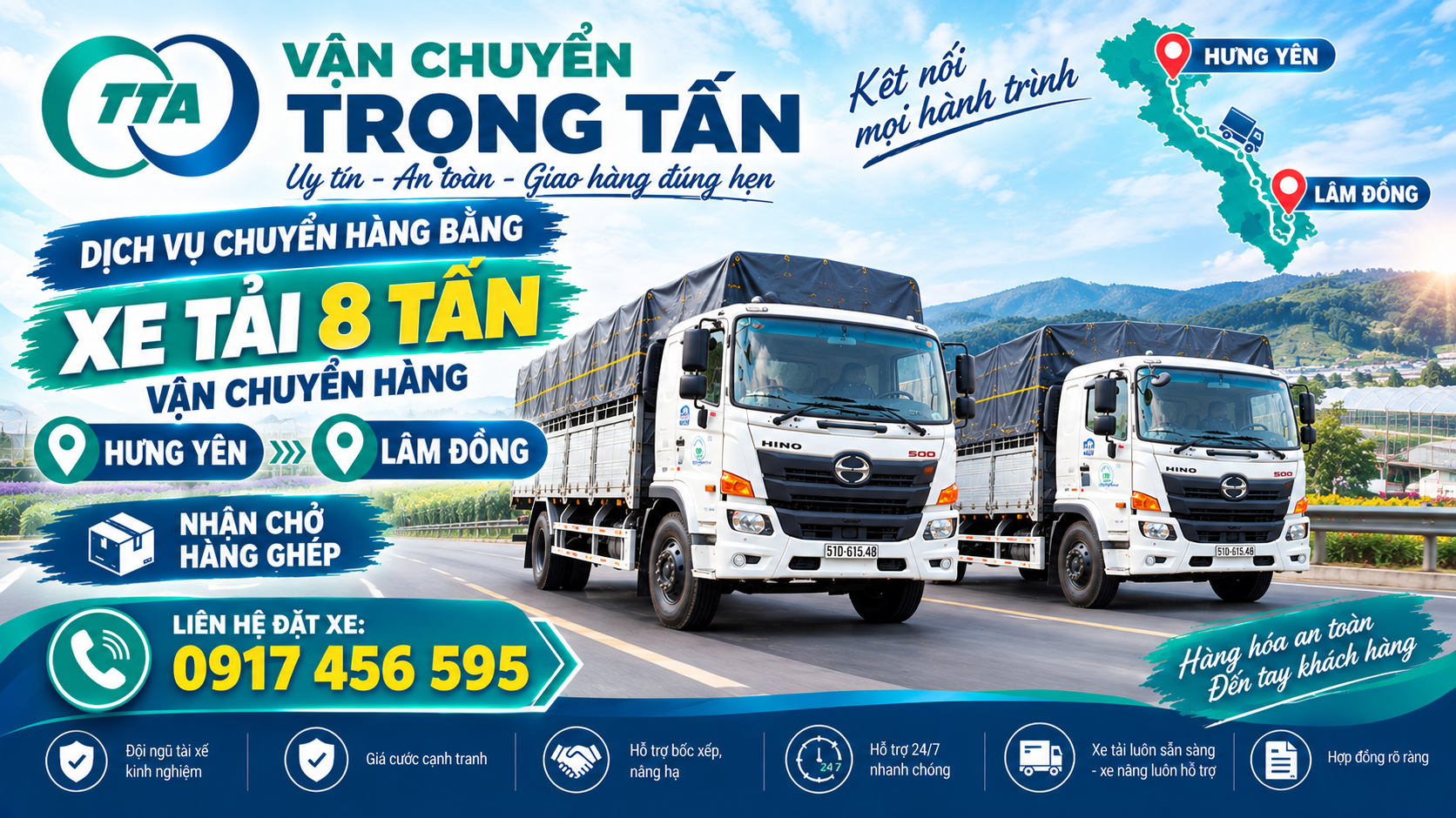 Cho thuê xe 8 tấn chở hàng từ Hưng Yên đi Lâm Đồng, nhận hàng tại kho, xưởng và giao tận nơi theo yêu cầu. cho-thue-xe-8-tan-cho-hang-hung-yen-di-lam-dong