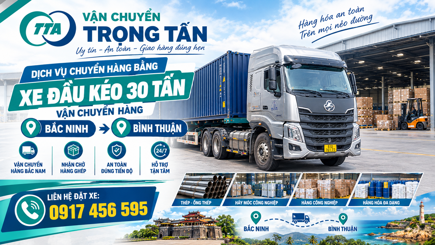 Cho thuê xe đầu kéo container chở hàng từ Bắc Ninh đi Bình Thuận, nhận hàng tại kho, nhà máy và giao đến nơi khách yêu cầu. cho-thue-xe-dau-keo-container-cho-hang-bac-ninh-di-binh-thuan