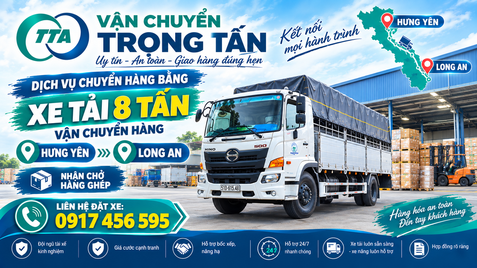 Cho thuê xe tải 8 tấn chở hàng từ Hưng Yên đi Long An, nhận hàng tại kho, xưởng và giao tận nơi theo yêu cầu cho-thue-xe-tai-8-tan-cho-hang-hung-yen-di-long-an