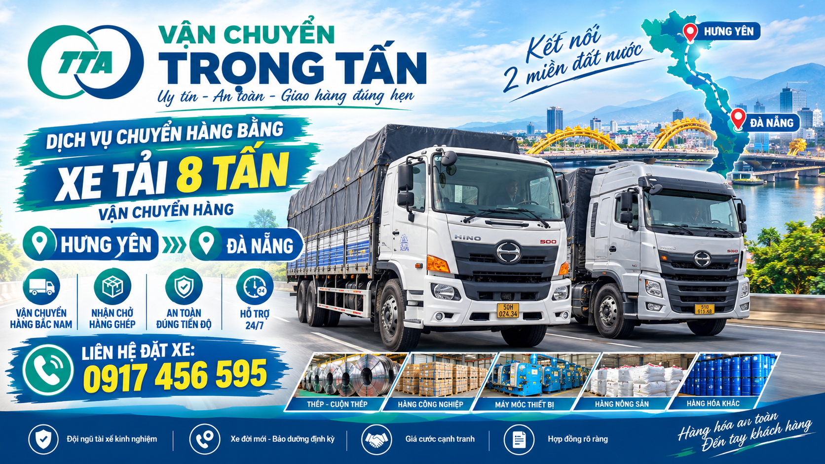 Cho thuê xe tải 8 tấn chở hàng từ Hưng Yên đi Đà Nẵng, nhận hàng tại kho, nhà máy và giao tận nơi theo yêu cầu. cho-thue-xe-tai-8-tan-van-chuyen-hang-hung-yen-di-da-nang