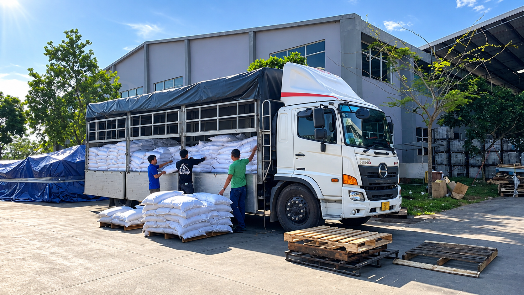 Hình ảnh xe tải vận chuyển hạt nhựa đóng bao, bao jumbo hoặc pallet từ kho, nhà máy đến nơi giao hàng. hinh-anh-xe-tai-cho-hat-nhua-dong-bao-va-pallet