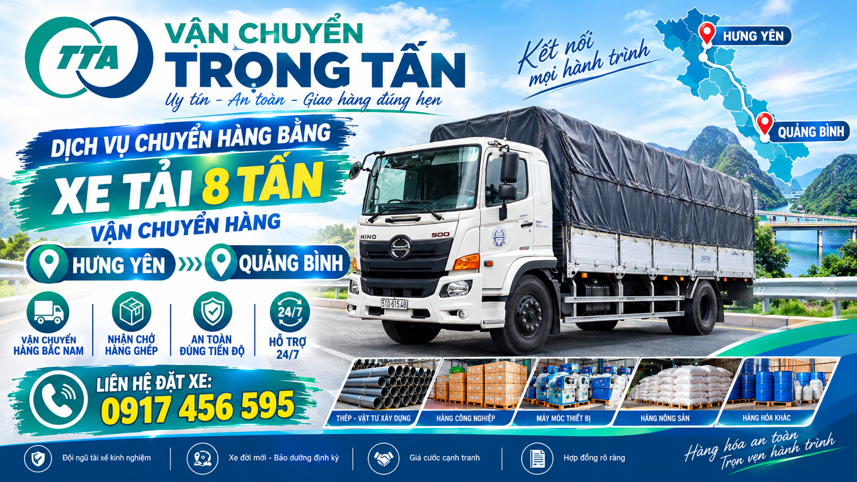 Cho thuê xe tải 8 tấn chở hàng từ Hưng Yên đi Quảng Bình, nhận hàng tại kho, nhà máy và giao tận nơi theo yêu cầu. cho-thue-xe-tai-8-tan-van-chuyen-hang-hung-yen-di-quang-binh
