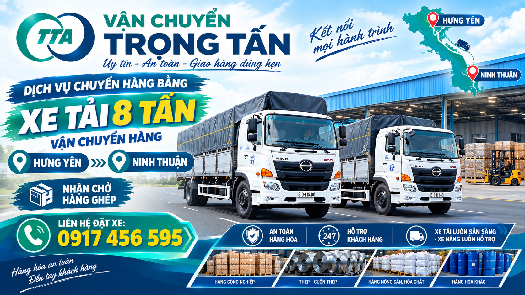 Cho thuê xe tải 8 tấn chở hàng từ Hưng Yên đi Ninh Thuận, nhận hàng tại kho, nhà máy và giao tận nơi theo yêu cầu. cho-thue-xe-tai-8-tan-cho-hang-hung-yen-di-ninh-thuan
