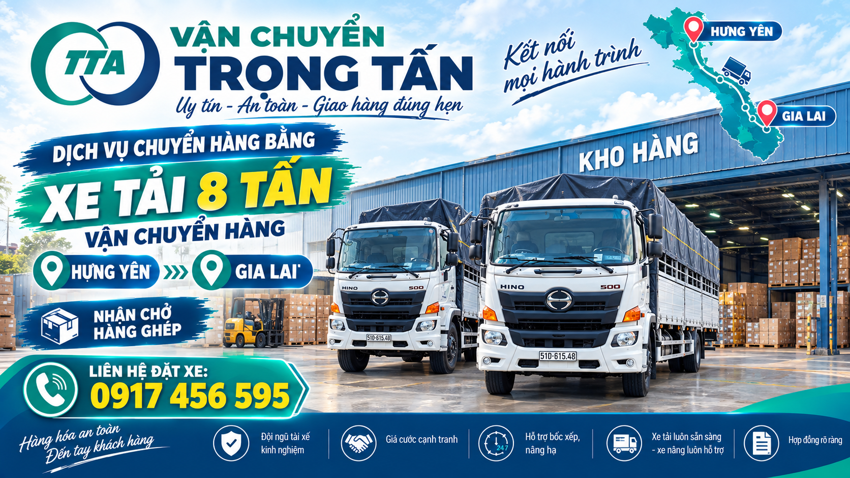 Cho thuê xe tải 8 tấn chở hàng từ Hưng Yên đi Gia Lai, nhận hàng tại kho, nhà máy và giao tận nơi theo yêu cầu. cho-thue-xe-tai-8-tan-cho-hang-hung-yen-di-gia-lai