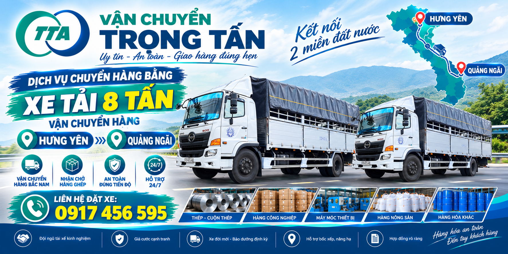 Cho thuê xe tải 8 tấn nhận hàng tại kho, nhà máy ở Hưng Yên và giao đến Quảng Ngãi theo yêu cầu. cho-thue-xe-tai-8-tan-cho-hang-hung-yen-di-quang-ngai
