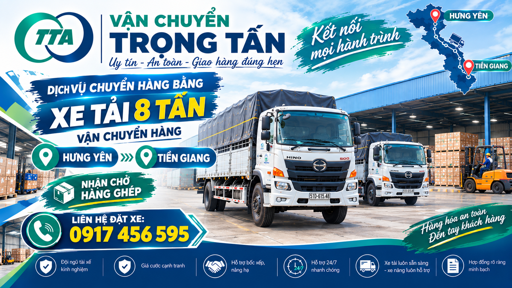 Cho thuê xe 8 tấn chở hàng từ Hưng Yên đi Tiền Giang, nhận hàng tại kho, xưởng và giao tận nơi theo yêu cầu. cho-thue-xe-8-tan-cho-hang-hung-yen-di-tien-giang