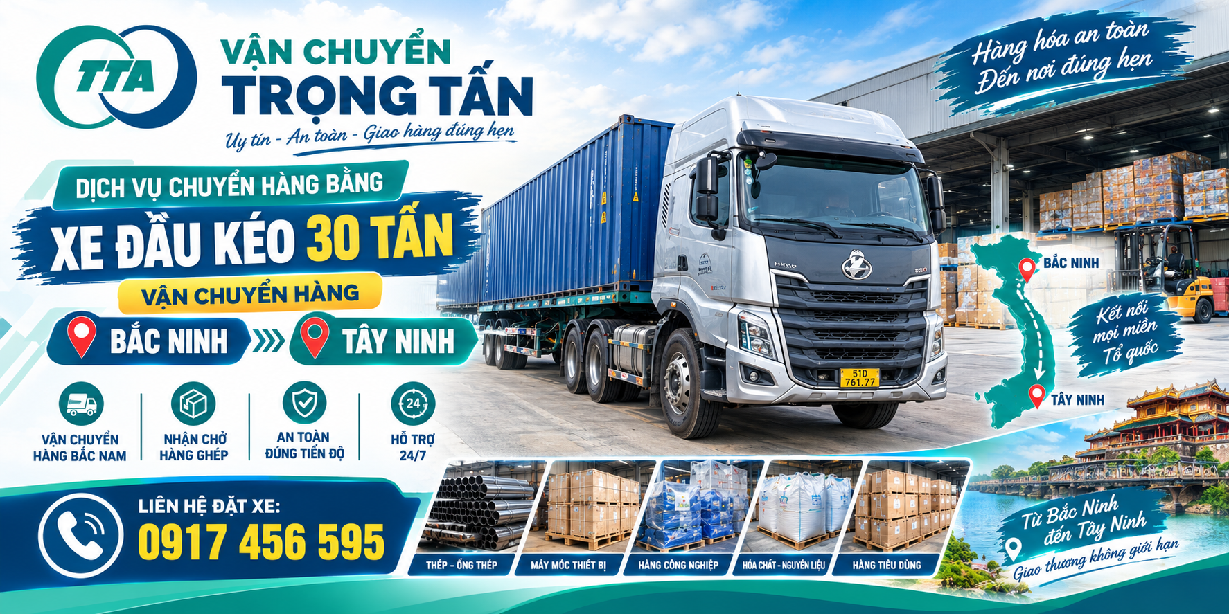 Cho thuê xe đầu kéo chở máy móc, thiết bị, linh kiện, sắt thép và hàng công nghiệp từ Bắc Ninh đi Tây Ninh, giao tận nơi. cho-thue-xe-dau-keo-van-chuyen-hang-bac-ninh-di-tay-ninh