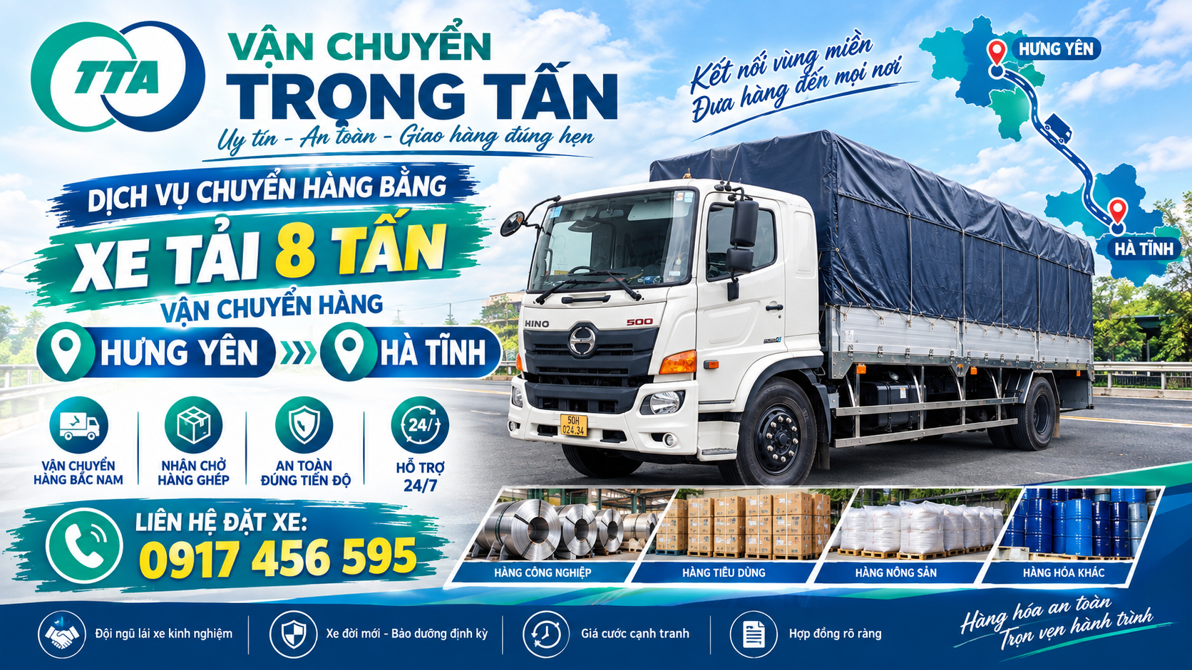 Nhận vận chuyển hàng từ Hưng Yên đi Hà Tĩnh bằng xe tải 8 tấn, hỗ trợ lấy hàng tại kho, xưởng và giao tận nơi. cho-thue-xe-tai-8-tan-van-chuyen-hang-hung-yen-di-ha-tinh