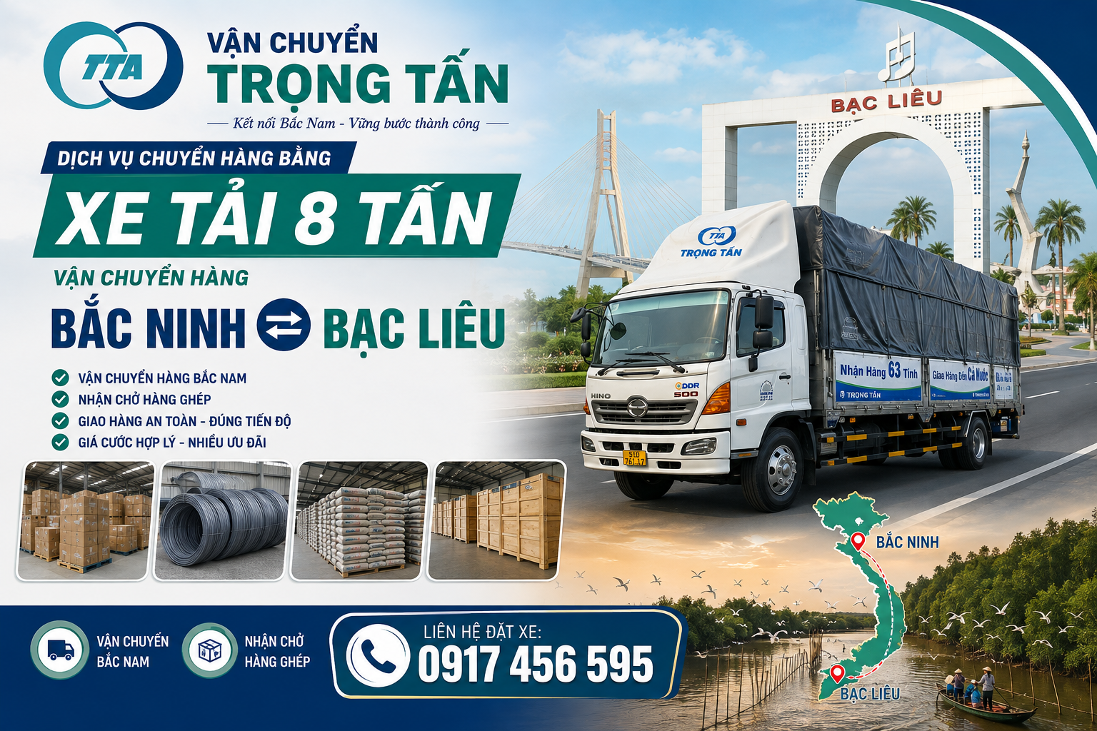 Cho thuê xe tải 8 tấn chở hàng Bắc Ninh đi Bạc Liêu, nhận hàng tận nơi, hỗ trợ hàng ghép và vận chuyển nguyên chuyến theo nhu cầu. cho-thue-xe-tai-8-tan-van-chuyen-hang-bac-ninh-di-bac-lieu