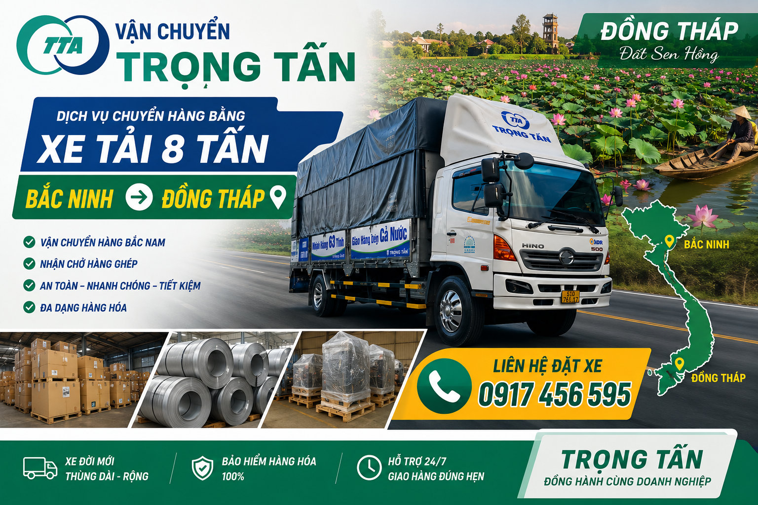 Nhận vận chuyển đa dạng hàng hóa từ Bắc Ninh đi Đồng Tháp, hỗ trợ nhận hàng tại kho, xưởng, nhà máy và giao tận nơi theo yêu cầu. cho-thue-xe-tai-8-tan-van-chuyen-hang-bac-ninh-di-dong-thap
