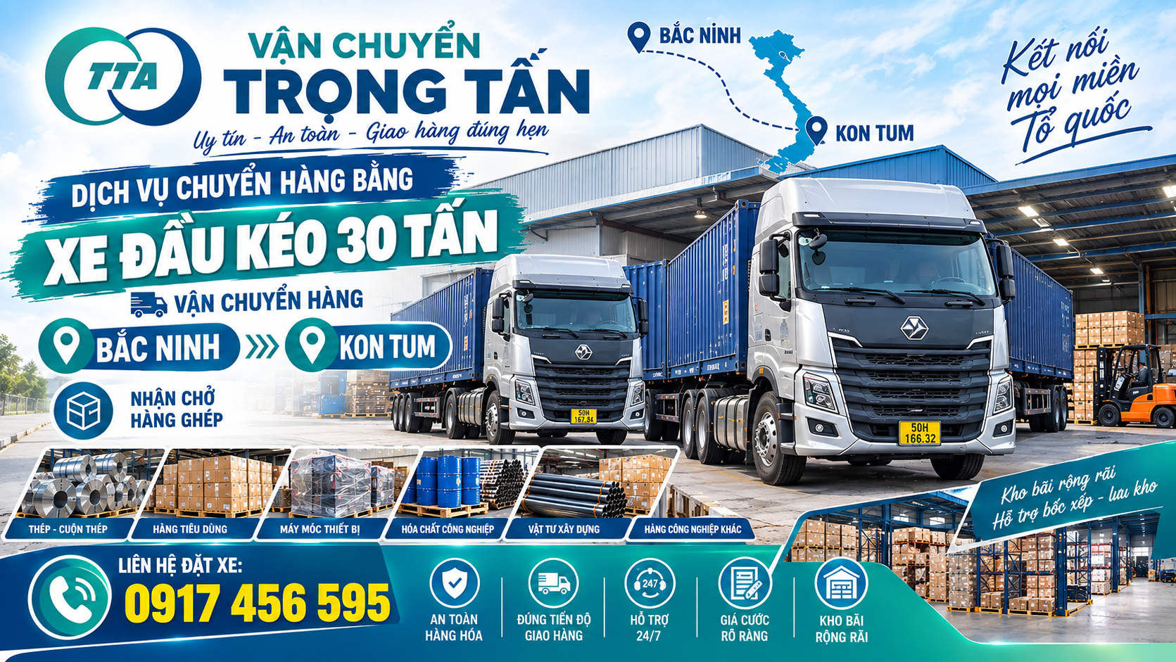 Cho thuê xe đầu kéo chở hàng từ Bắc Ninh đi Kon Tum, nhận vận chuyển máy móc, thiết bị, hàng công nghiệp, sắt thép và container. cho-thue-xe-dau-keo-van-chuyen-hang-bac-ninh-di-kon-tum