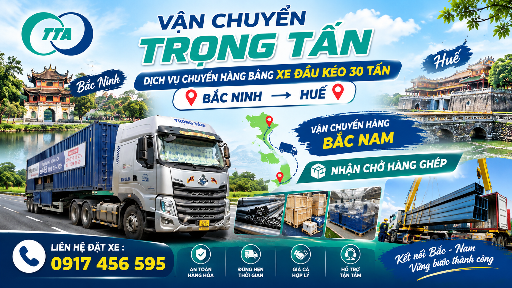 Cho thuê xe đầu kéo chở hàng nặng, máy móc, thiết bị và vật tư từ Bắc Ninh đi Huế, nhận hàng tận nơi và giao theo yêu cầu. cho-thue-xe-dau-keo-cho-hang-bac-ninh-di-hue