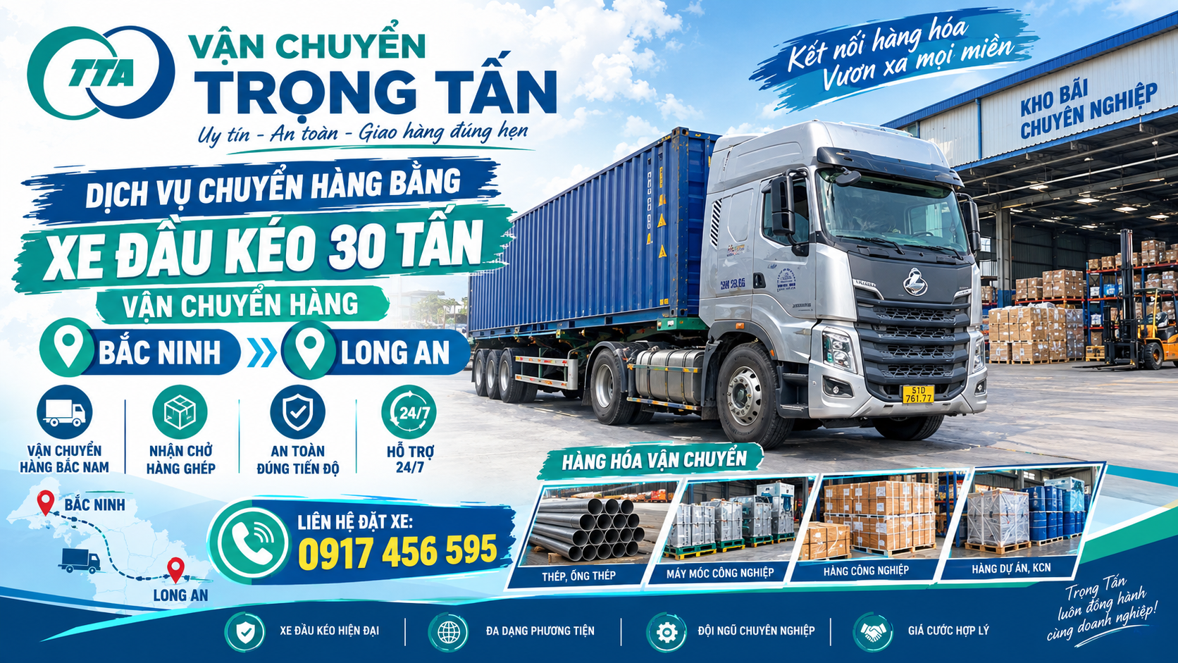 Cho thuê xe đầu kéo vận chuyển hàng từ Bắc Ninh đi Long An, nhận hàng tại kho, nhà máy và giao tận nơi theo yêu cầu. cho-thue-xe-dau-keo-van-chuyen-hang-bac-ninh-di-long-an