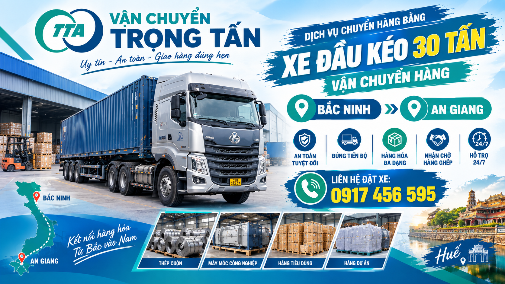 Cho thuê xe đầu kéo container chở hàng từ Bắc Ninh đi An Giang, nhận hàng tại kho, xưởng và giao tận nơi theo yêu cầu. cho-thue-xe-dau-keo-container-cho-hang-bac-ninh-di-an-giang