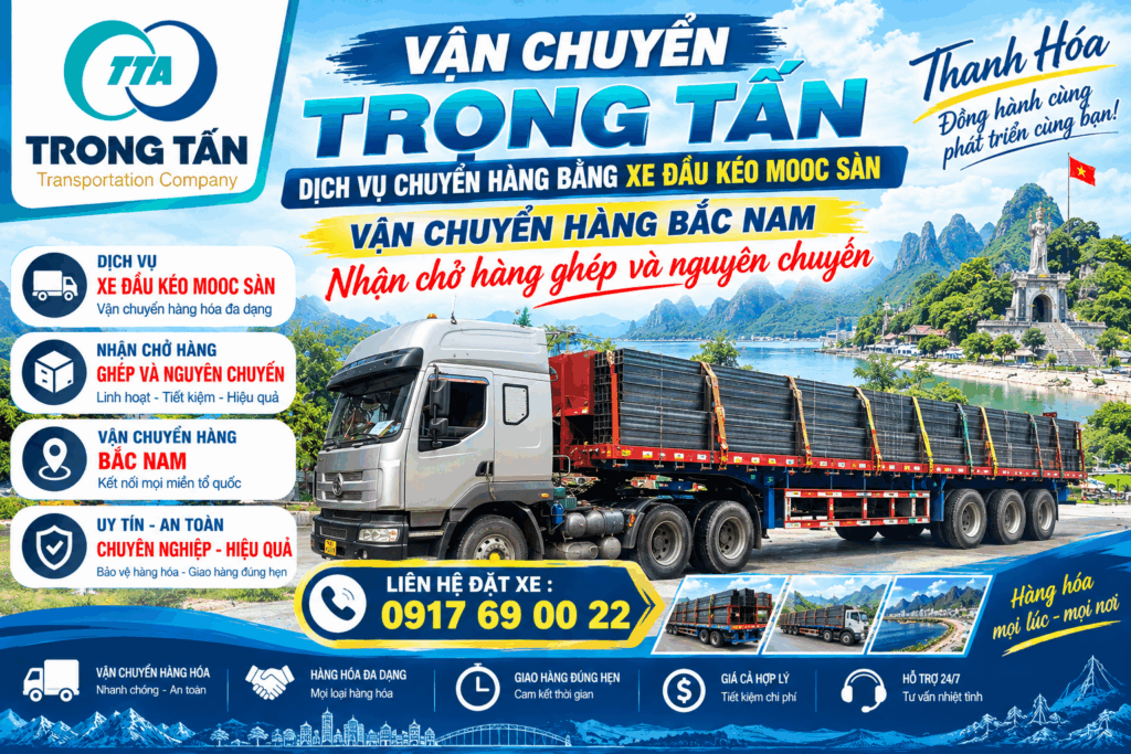 Cho thuê xe đầu kéo mooc sàn Vũng Tàu đi Thanh Hóa, nhận vận chuyển máy móc, thiết bị công nghiệp, hàng đóng kiện, pallet và nhiều loại hàng hóa kích thước lớn. cho-thue-xe-dau-keo-mooc-san-vung-tau-di-thanh-hoa