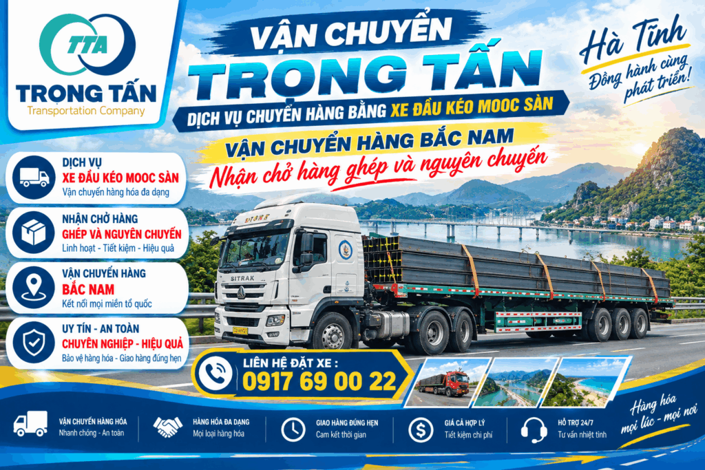 Cho thuê xe đầu kéo mooc sàn Vũng Tàu đi Hà Tĩnh, nhận vận chuyển máy móc, thiết bị công nghiệp, hàng đóng kiện, pallet và nhiều loại hàng hóa kích thước lớn. cho-thue-xe-dau-keo-mooc-san-vung-tau-di-ha-tinh