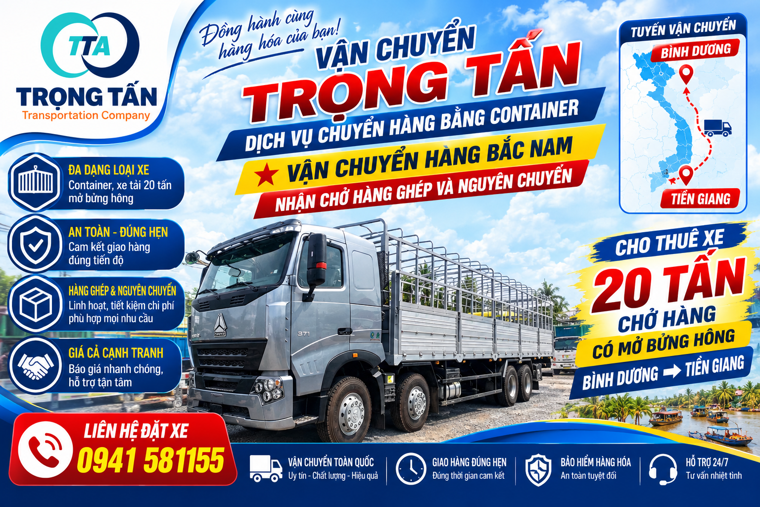Dịch vụ cho thuê xe tải 20 tấn chở hàng từ Bình Dương đi Tiền Giang có mở bửng hông giúp bốc xếp hàng hóa lên xuống thùng xe dễ dàng và an toàn Cho-thue-xe-20-tan-mo-bung-hong-cho-hang-Binh-Duong-di-Tien-Giang