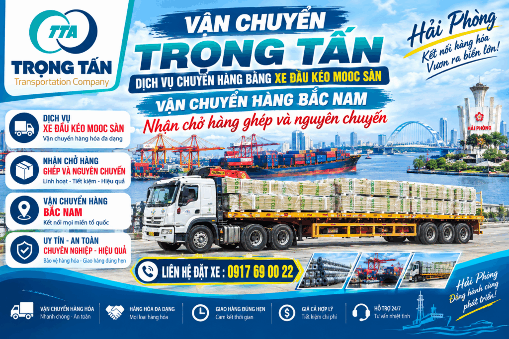 Cho thuê xe đầu kéo mooc sàn Vũng Tàu đi Hải Phòng, chuyên vận chuyển máy móc, thiết bị, sắt thép, hàng công trình và nhiều loại hàng hóa kích thước lớn. cho-thue-xe-dau-keo-mooc-san-vung-tau-di-hai-phong