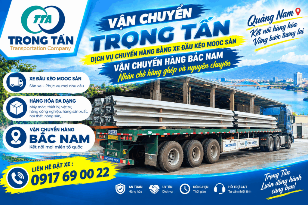 Xe đầu kéo mooc sàn nhận vận chuyển máy móc, thiết bị công nghiệp, sắt thép và hàng công trình từ Vũng Tàu đi Quảng Nam, giao đến tận kho. cho-thue-xe-dau-keo-mooc-san-vung-tau-di-quang-nam