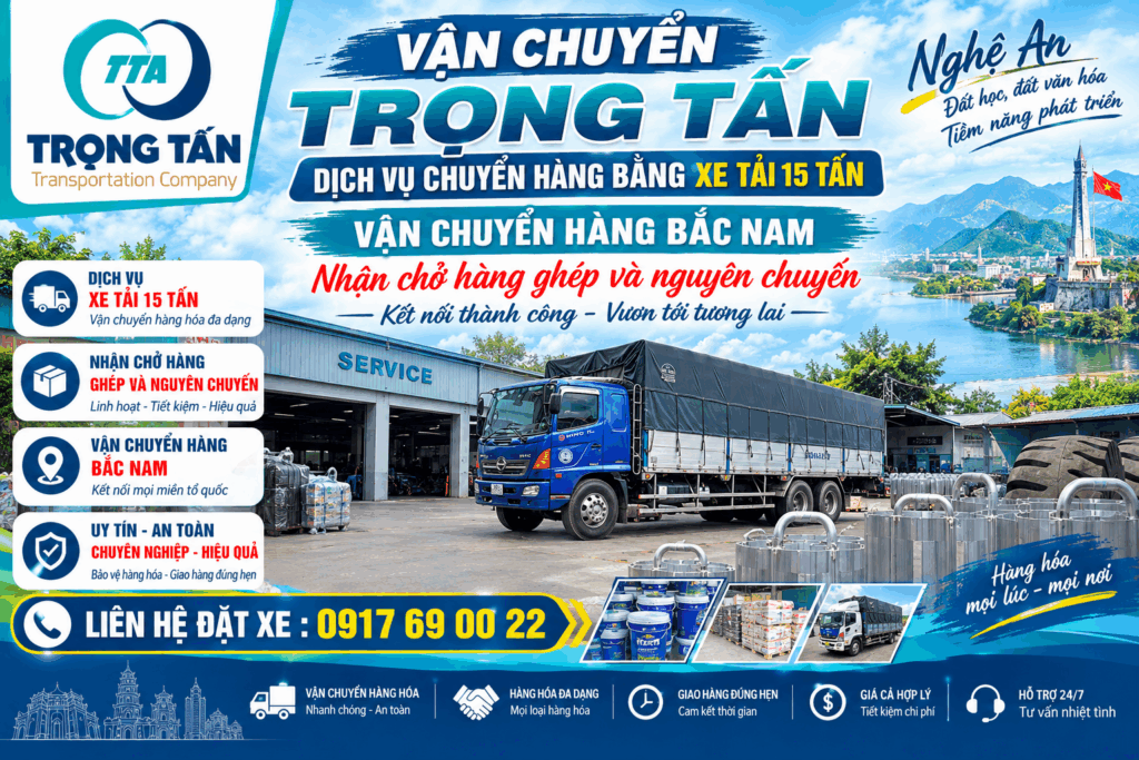 Cho thuê xe tải 15 tấn Vũng Tàu đi Nghệ An, chuyên vận chuyển máy móc, thiết bị công nghiệp, đồ gia dụng, hàng đóng kiện và pallet đường dài. cho-thue-xe-tai-15-tan-vung-tau-di-nghe-an