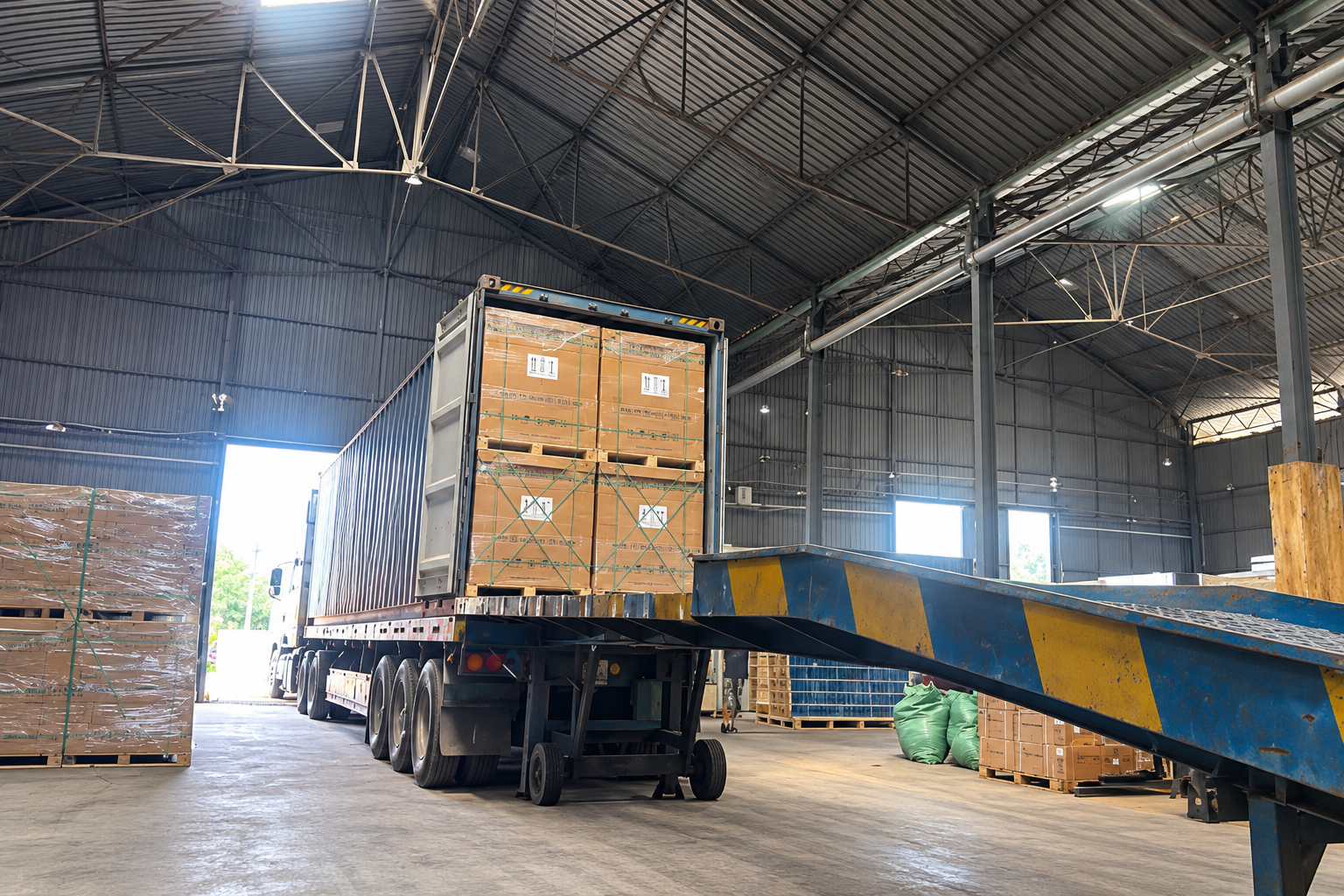 Máy móc và hàng nặng được kê chắc, chằng buộc đúng vị trí và chèn khoảng trống để hạn chế xê dịch khi xe chạy. hang-hoa-duoc-ke-va-chang-buoc-chac-chan-truoc-khi-xe-dau-keo-khoi-hanh