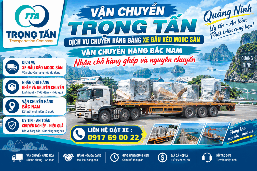 Cho thuê xe đầu kéo mooc sàn Vũng Tàu đi Quảng Ninh, chuyên vận chuyển máy móc, thiết bị công nghiệp, hàng cồng kềnh, kiện gỗ và vật tư công trình. cho-thue-xe-dau-keo-mooc-san-vung-tau-di-quang-ninh