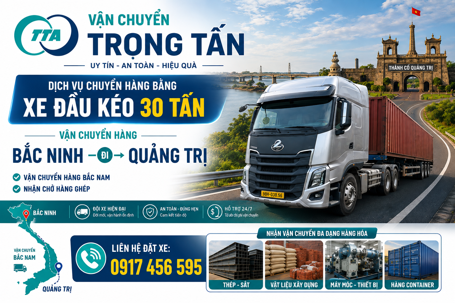 Cho thuê xe đầu kéo vận chuyển máy móc, thiết bị, hàng nặng và vật tư công trình từ Bắc Ninh đi Quảng Trị cho-thue-xe-dau-keo-van-chuyen-hang-bac-ninh-di-quang-tri
