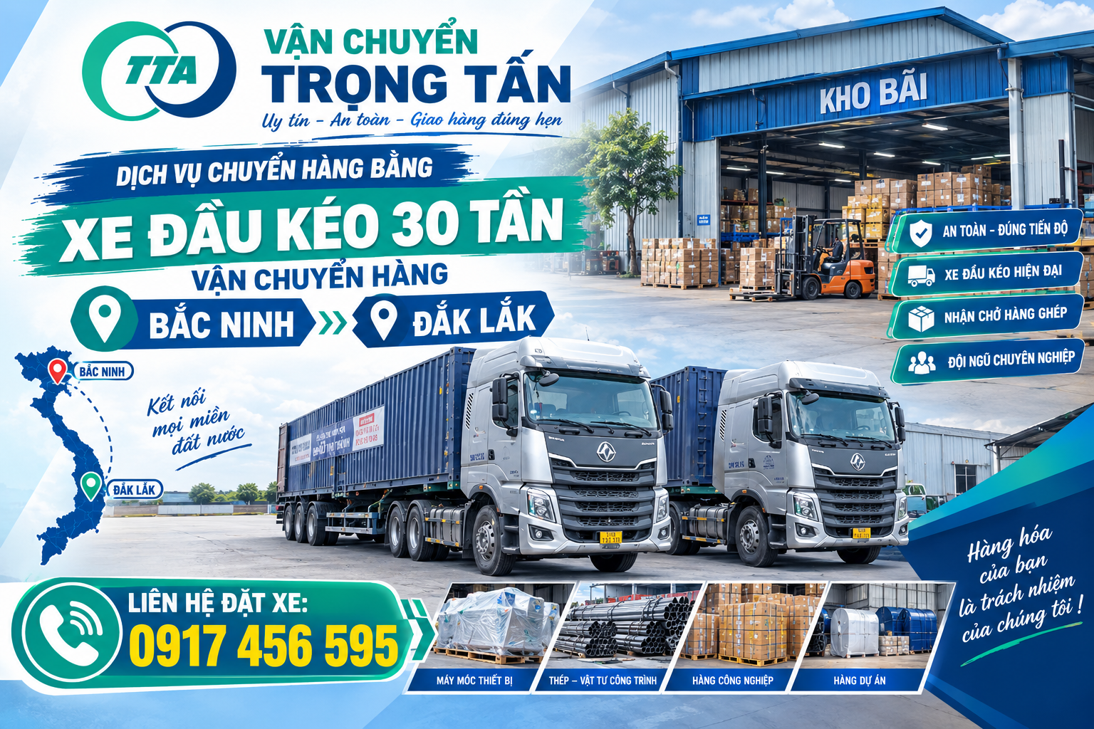 Cho thuê xe đầu kéo vận chuyển máy móc, thiết bị, hàng công nghiệp và container từ Bắc Ninh đi Đắk Lắk. cho-thue-xe-dau-keo-cho-hang-bac-ninh-di-dak-lak