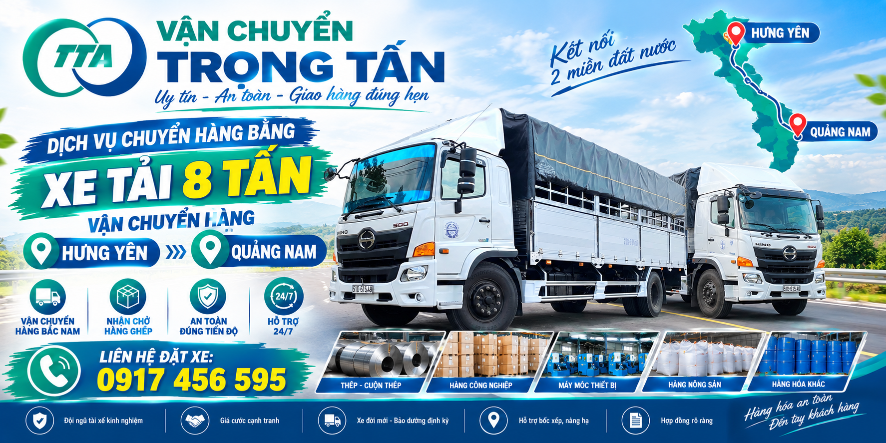Cho thuê xe tải 8 tấn chở hàng từ Hưng Yên đi Quảng Nam, nhận hàng tại kho, xưởng và giao tận nơi theo yêu cầu. cho-thue-xe-tai-8-tan-van-chuyen-hang-hung-yen-di-quang-Nam