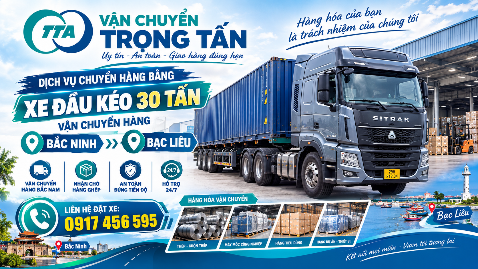 Cho thuê xe đầu kéo chở hàng từ Bắc Ninh đi Bạc Liêu, nhận hàng tại kho, xưởng và giao đến nơi khách yêu cầu. cho-thue-xe-dau-keo-cho-hang-bac-ninh-di-bac-lieu