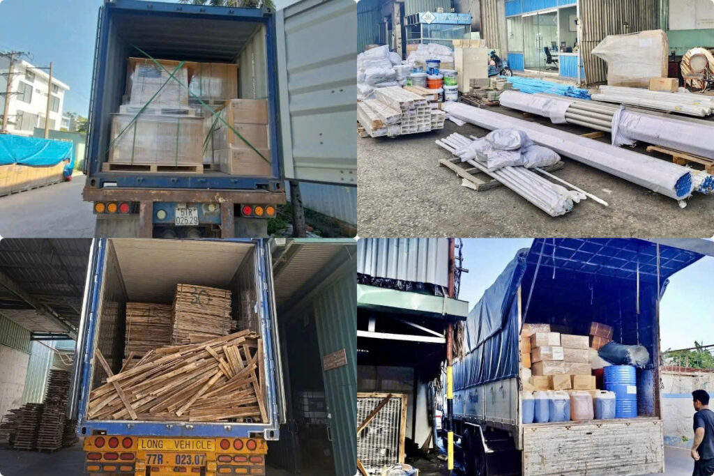 Máy móc, thiết bị công nghiệp, vật tư xây dựng, nội thất, hàng đóng kiện và hàng sản xuất thường được vận chuyển bằng xe tải, đầu kéo container Bắc Trung Nam. hang-hoa-thuong-van-chuyen-bang-xe-tai-va-dau-keo-container-bac-trung-nam