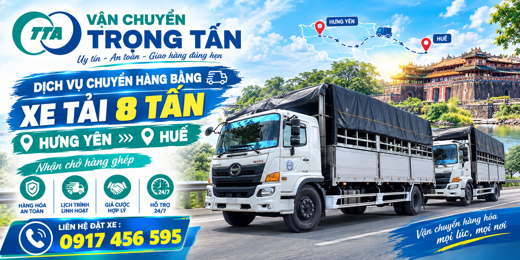 Cho thuê xe tải 8 tấn chở hàng từ Hưng Yên đi Huế, nhận hàng tại kho, xưởng và giao tận nơi theo yêu cầu. cho-thue-xe-tai-8-tan-van-chuyen-hang-hung-yen-di-hue