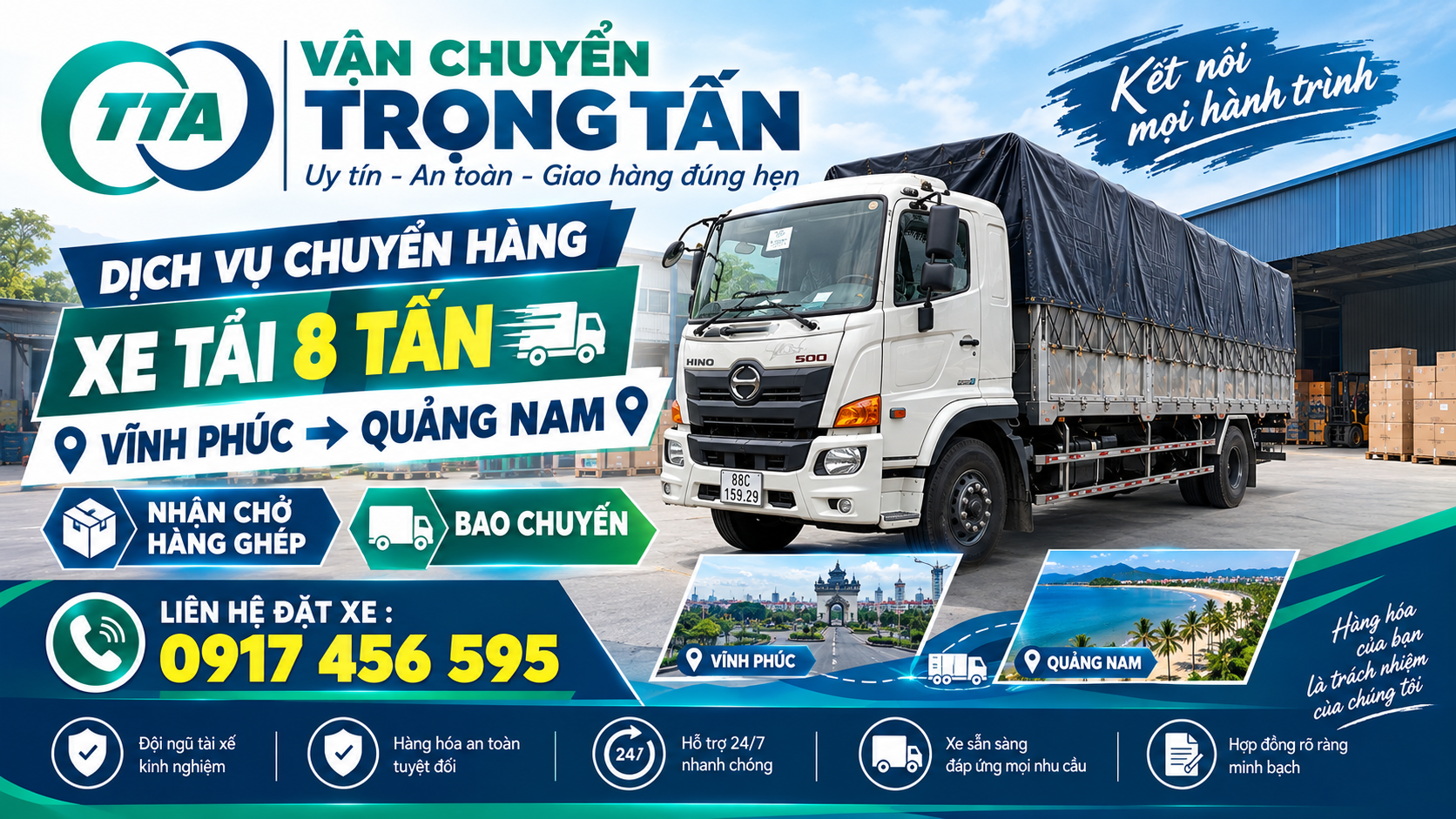 Dịch vụ cho thuê xe tải 8 tấn vận chuyển hàng từ Vĩnh Phúc đi Quảng Nam, nhận hàng tại kho xưởng và giao đến địa chỉ theo yêu cầu. cho-thue-xe-tai-8-tan-cho-hang-tu-vinh-phuc-di-quang-nam