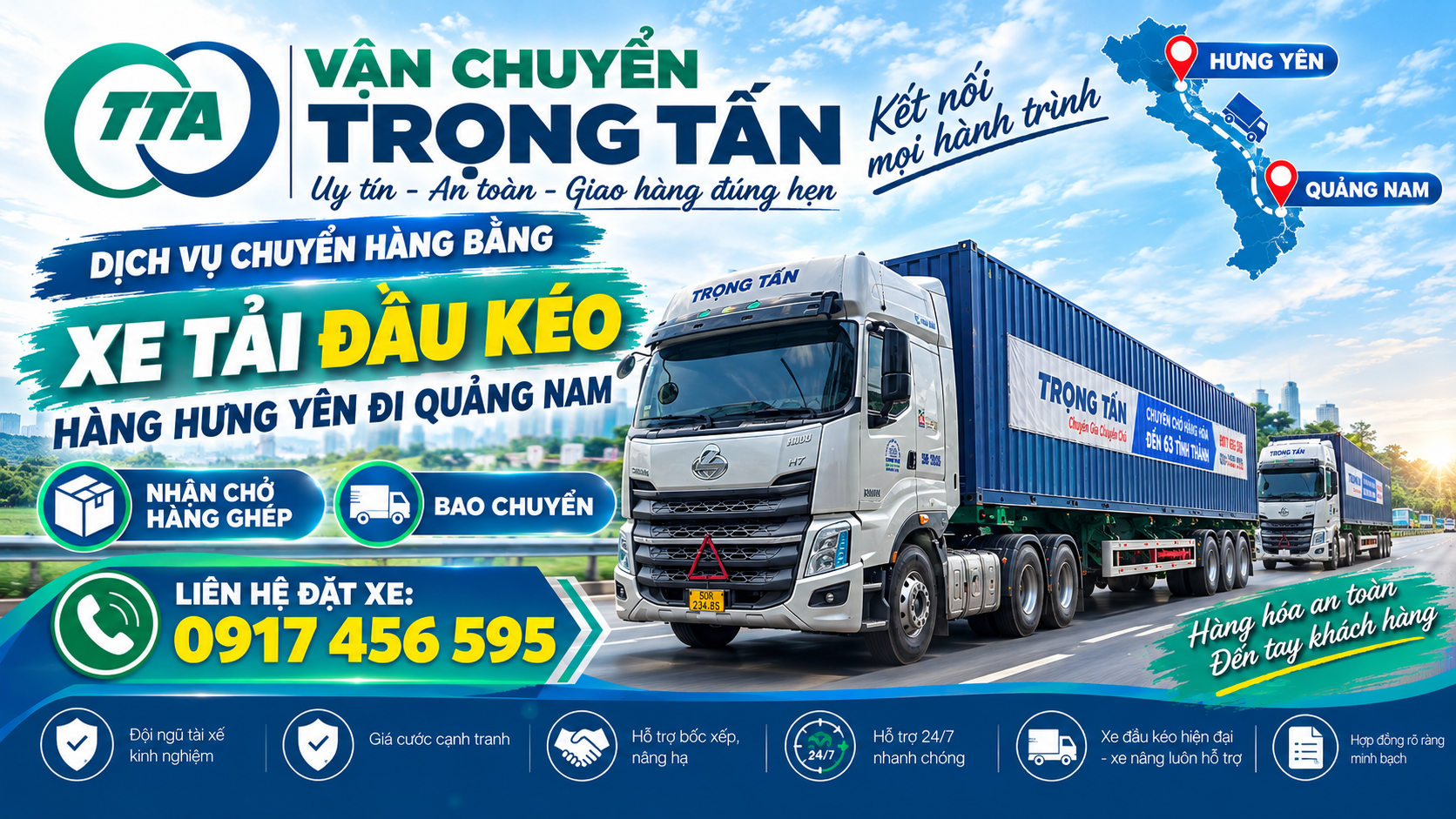 Cho thuê xe đầu kéo chở hàng từ Hưng Yên đi Quảng Nam, nhận vận chuyển máy móc, thiết bị, vật tư và hàng công nghiệp, giao tận nơi theo yêu cầu. cho-thue-xe-dau-keo-cho-hang-hung-yen-di-quang-nam