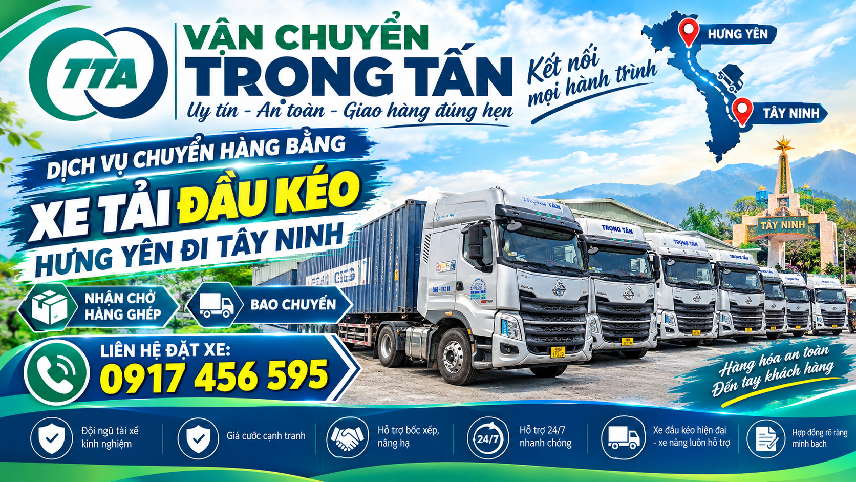 Dịch vụ cho thuê xe đầu kéo chở hàng từ Hưng Yên đi Tây Ninh, nhận vận chuyển đa dạng hàng hóa, máy móc, thiết bị và vật tư công nghiệp, đáp ứng nhu cầu giao nhận hàng đường dài cho doanh nghiệp. cho-thue-xe-dau-keo-cho-hang-tu-hung-yen-di-tay-ninh