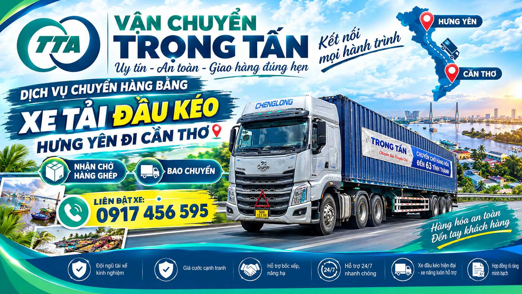 Dịch vụ cho thuê xe đầu kéo container chở hàng công nghiệp, máy móc, thiết bị, bao bì, vải cuộn và vật tư sản xuất từ Hưng Yên đi Cần Thơ, đáp ứng nhu cầu giao nhận liên tỉnh cho-thue-xe-dau-keo-container-van-chuyen-hang-hoa-tu-hung-yen-di-can-tho