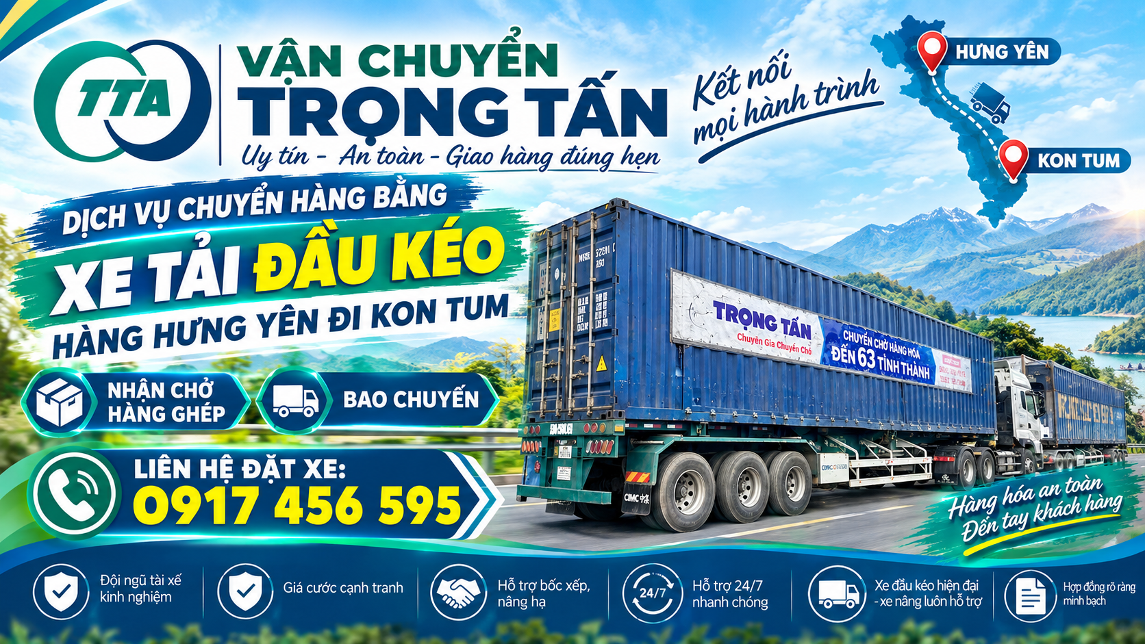 Cho thuê xe đầu kéo container chở máy móc, thiết bị, sắt thép và vật tư công nghiệp từ Hưng Yên đi Kon Tum, nhận hàng tại kho và giao tận nơi. cho-thue-xe-dau-keo-cho-hang-hung-yen-di-kon-tum