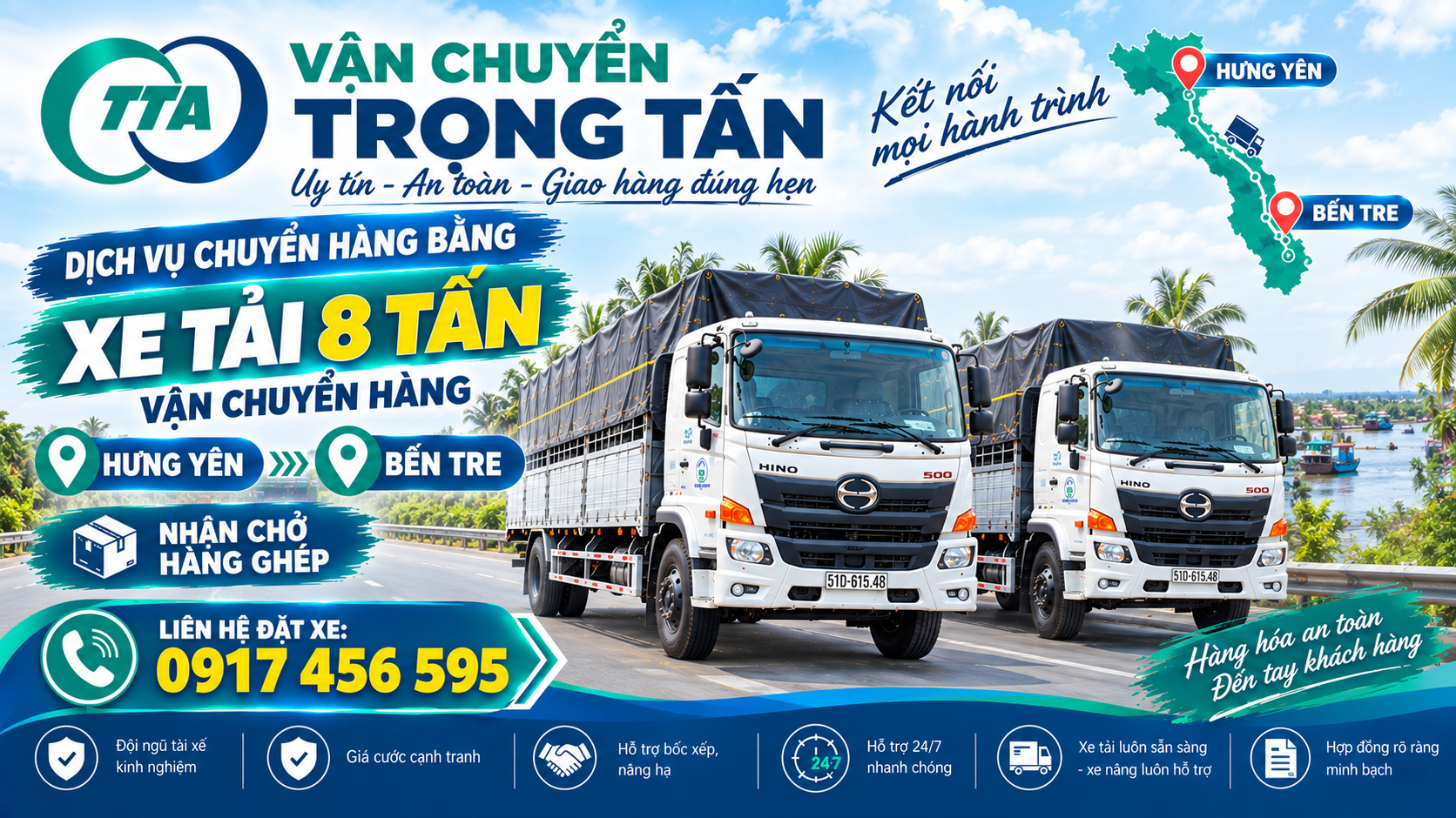 Cho thuê xe tải 8 tấn chở hàng từ Hưng Yên đi Bến Tre, nhận hàng tại kho, nhà máy và giao tận nơi theo yêu cầu. cho-thue-xe-tai-8-tan-cho-hang-hung-yen-di-ben-tre