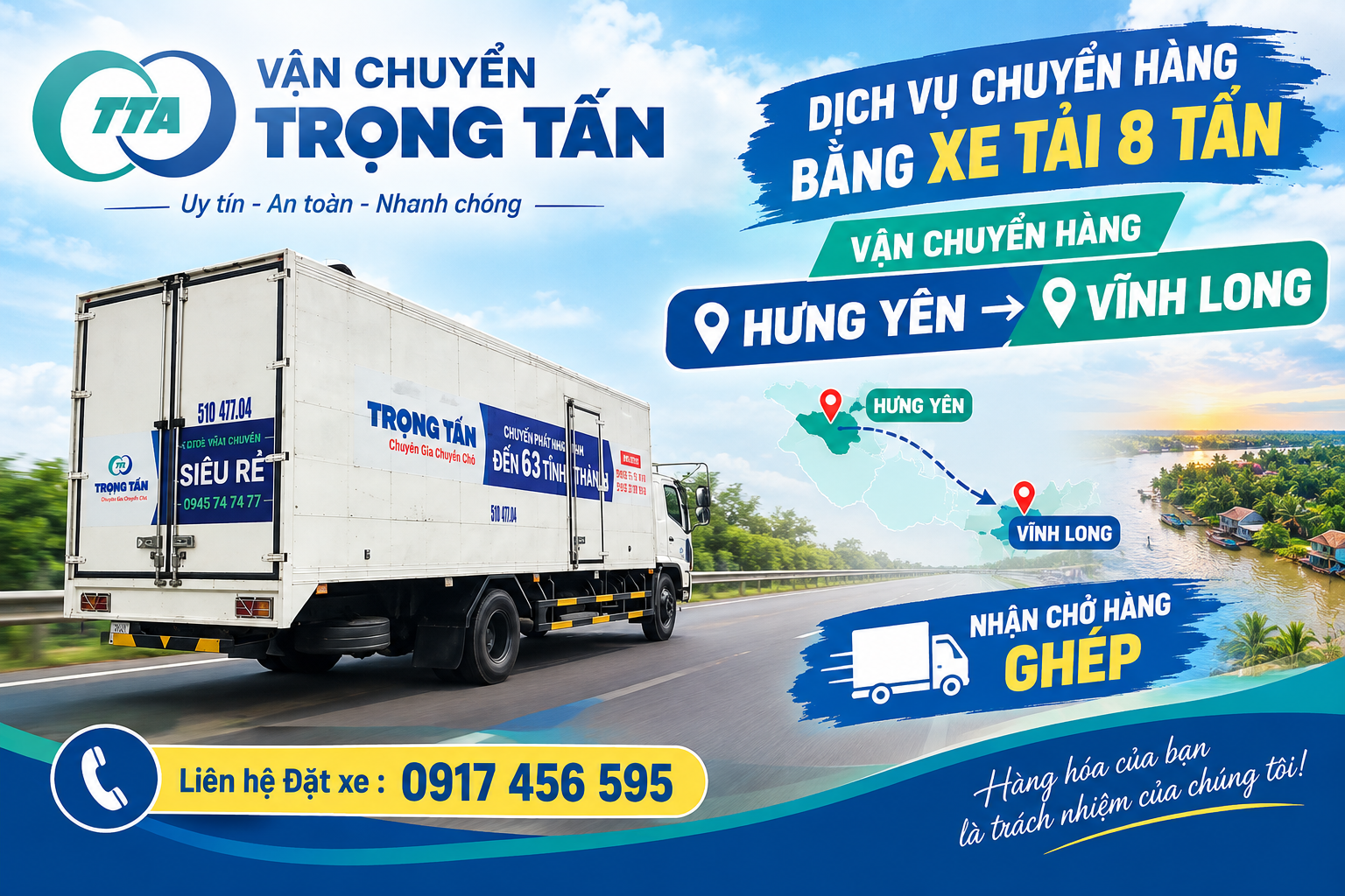 Cho thuê xe tải 8 tấn vận chuyển hàng từ Hưng Yên đi Vĩnh Long, nhận hàng tại kho, nhà máy và giao tận nơi theo yêu cầu. cho-thue-xe-tai-8-tan-cho-hang-hung-yen-di-vinh-long