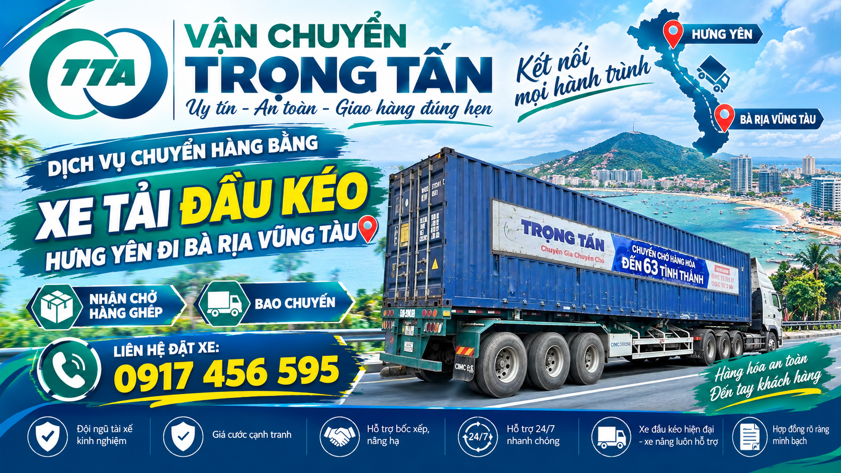 Dịch vụ cho thuê xe đầu kéo container vận chuyển máy móc, thiết bị, sắt thép và hàng công nghiệp từ Hưng Yên đến Bà Rịa Vũng Tàu, giao hàng theo yêu cầu. cho-thue-xe-dau-keo-cho-hang-tu-hung-yen-di-ba-ria-vung-tau
