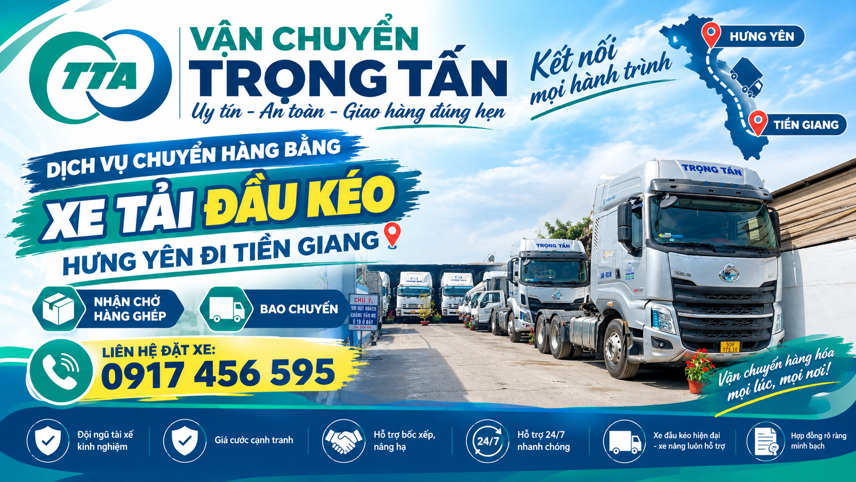 Dịch vụ cho thuê xe đầu kéo container chở máy móc, thiết bị, linh kiện, vật tư sản xuất và hàng công nghiệp từ Hưng Yên đi Tiền Giang, đáp ứng nhu cầu giao nhận đa dạng. cho-thue-xe-dau-keo-container-van-chuyen-hang-hoa-tu-hung-yen-di-tien-giang