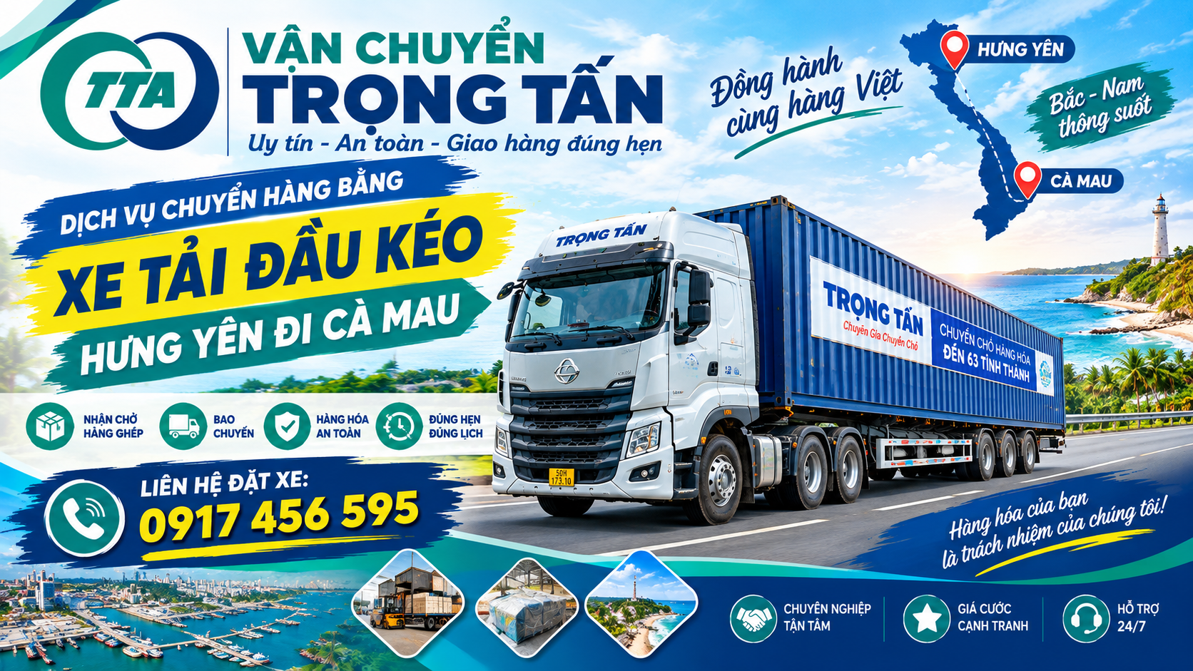 Dịch vụ cho thuê xe đầu kéo container từ Hưng Yên đi Cà Mau, nhận vận chuyển hàng công nghiệp, máy móc, thiết bị và vật tư, hỗ trợ sắp xếp phương tiện và giao nhận theo nhu cầu. cho-thue-xe-dau-keo-container-van-chuyen-hang-tu-hung-yen-di-ca-mau