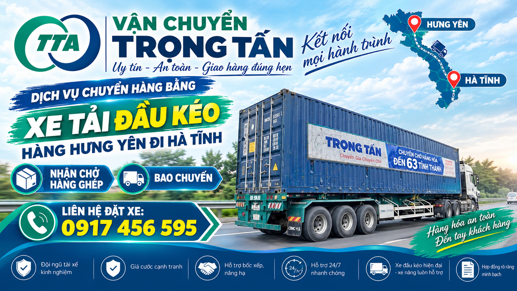 Cho thuê xe đầu kéo container chở hàng từ Hưng Yên đi Hà Tĩnh, nhận hàng tại kho, nhà máy và giao tận nơi theo yêu cầu. cho-thue-xe-dau-keo-container-cho-hang-hung-yen-di-ha-tinh