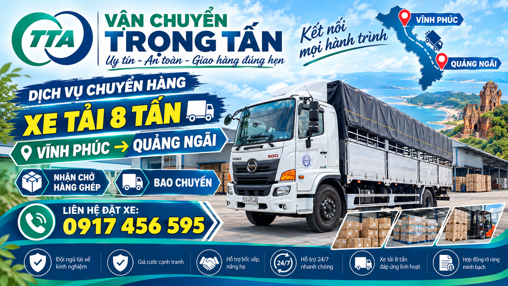 Dịch vụ cho thuê xe tải 8 tấn vận chuyển hàng từ Vĩnh Phúc đi Quảng Ngãi, nhận hàng tại kho xưởng và giao đến địa chỉ theo yêu cầu của khách hàng. cho-thue-xe-tai-8-tan-cho-hang-tu-vinh-phuc-di-quang-ngai